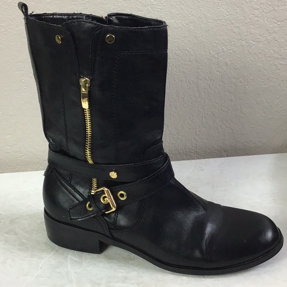 Marc Fisher Dolca Black Leather Decorative Zip & Buckle Moto Boots Size 8 1/2 - Picture 2 of 12
